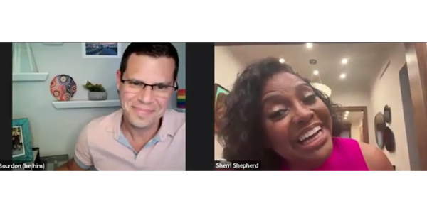 Tom Bourdon and Sherri Shepherd  on Zoom call smiling
