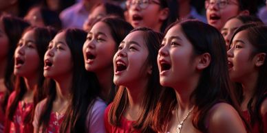 Girls singing together in a choir.