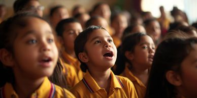 Children singing or reciting together in a group.