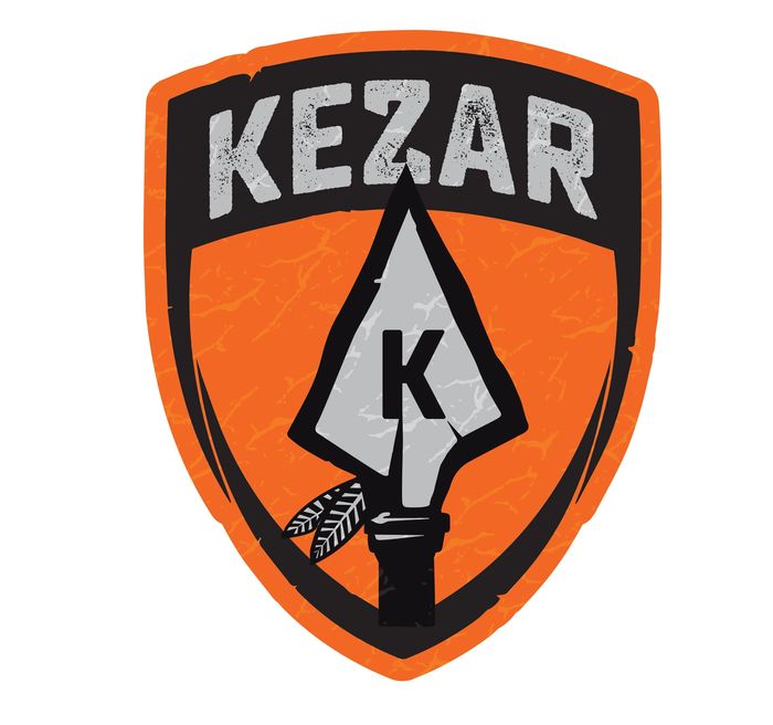 Kezar logo with arrowhead and shield design in orange and black.