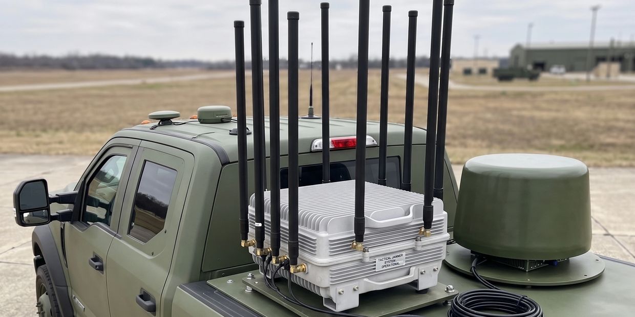 Military vehicle equipped with a tactical jammer system and multiple antennas.