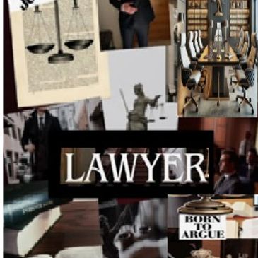Collage of lawyer-themed images including justice scales, courtroom, and legal professionals.