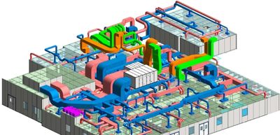 3D model of a building's HVAC duct system with color-coded pipes.