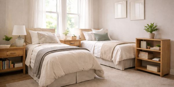 Cozy bedroom with two twin beds and wooden furniture.