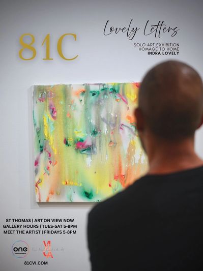 Person viewing colorful abstract art at 81C solo exhibition by Indra Lovely.