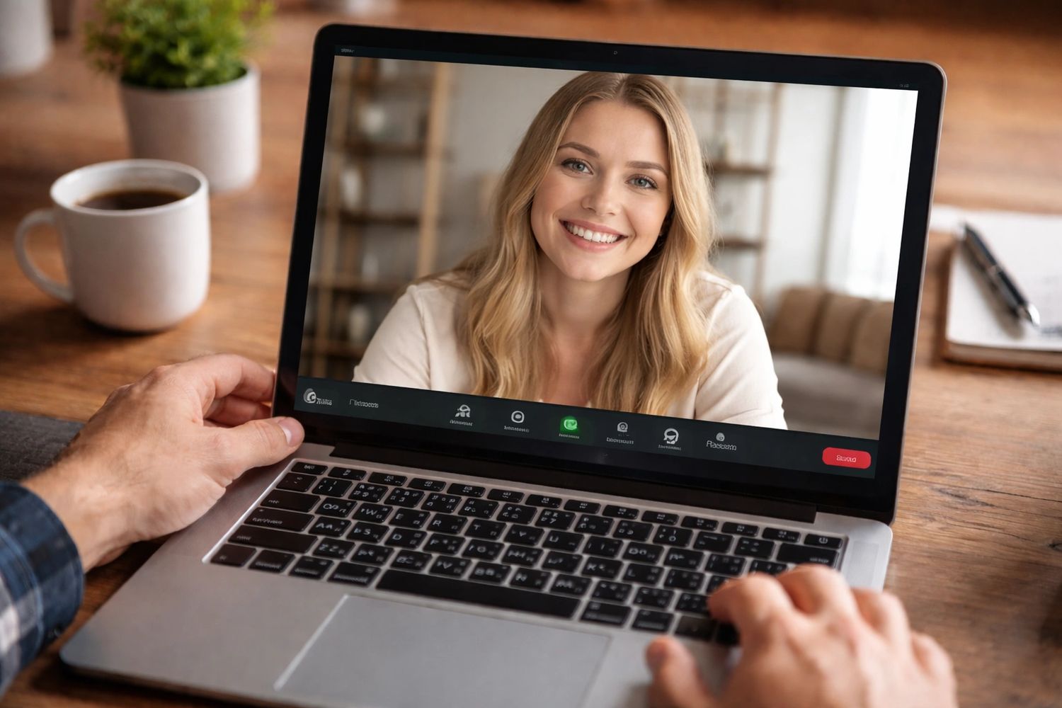 Person video chatting with a smiling woman on a laptop.