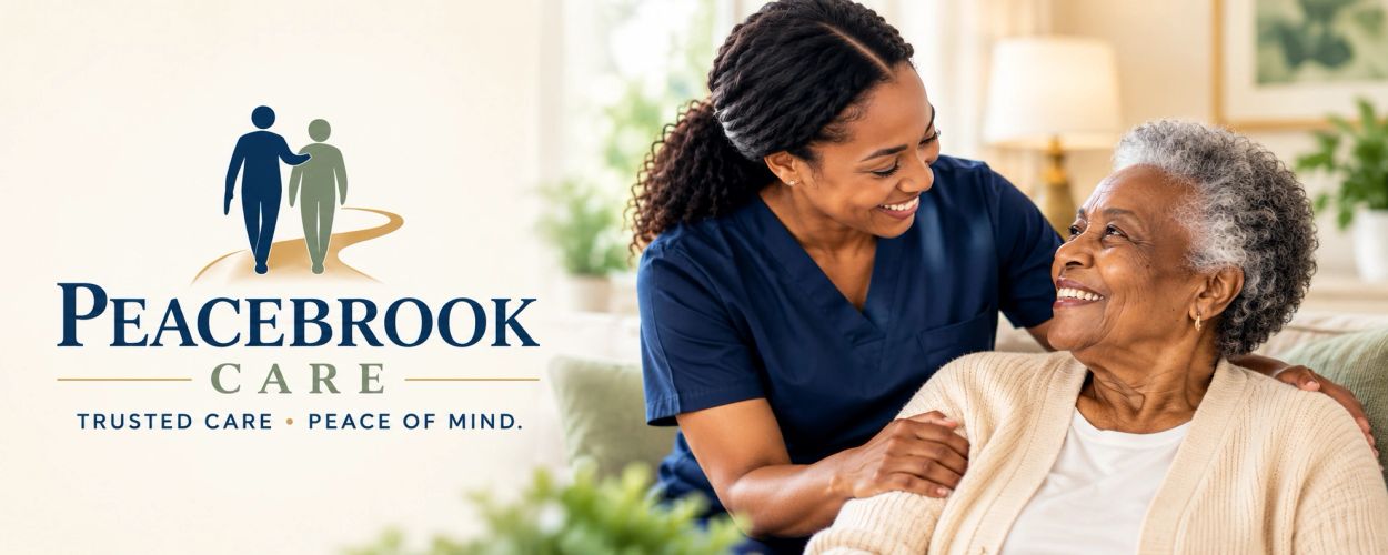 Caregiver smiling at an elderly woman with Peacebrook Care logo.