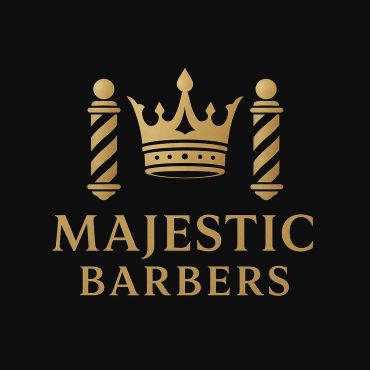 Majestic Barbers logo with crown and barber poles.