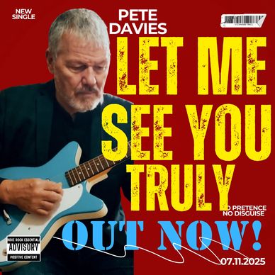 Pete Davies playing his blue Danelectro guitar with the words: Let Me See You Truly