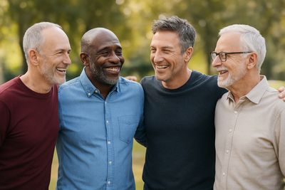 Four middle-aged men laughing together outdoors, showing friendship.