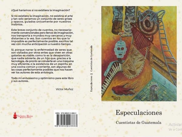 Cover of 'Especulaciones' featuring imaginative artwork and Spanish text about imagination and storytelling.