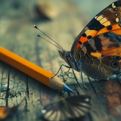 Butterfly resting on a blue pencil on a wooden surface.