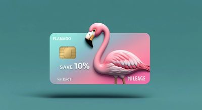 3D flamingo credit card design with teal-pink gradient, gold chip, and “SAVE 10%” offer