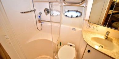 Full bathroom aboard the Relentless Pursuit for Lake Michigan Charter Fishing customers to use