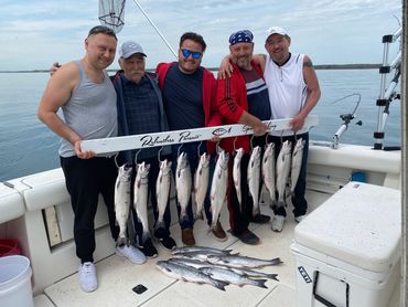 Lake Michigan Charter Fishing Trip with Five Guys Having Fun
