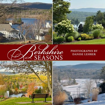 Four seasonal landscape photos showcasing Berkshire's natural beauty with homes and trees.