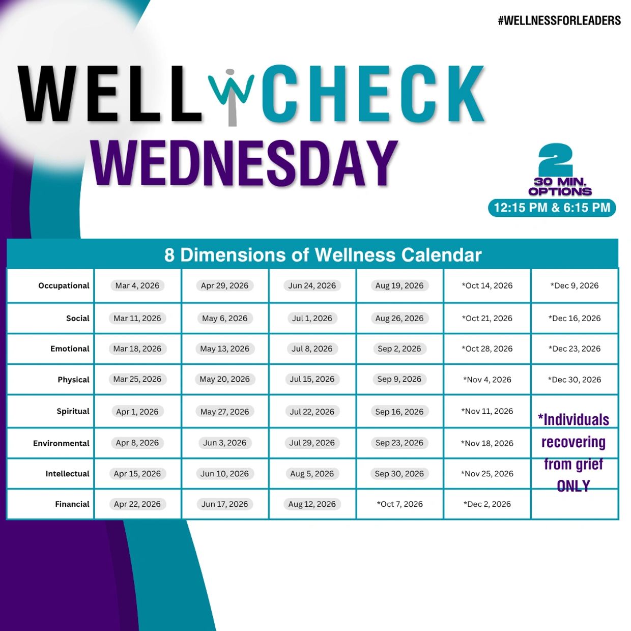 WellCheck Wednesday wellness calendar with dates for 8 dimensions of wellness in 2026.