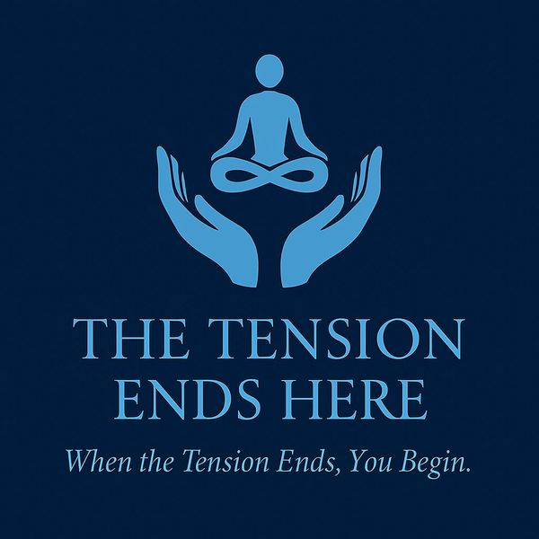 Blue meditation icon with calming text about ending tension and beginning anew.