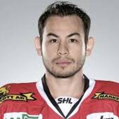 Portrait of a male hockey player in red SHL jersey.