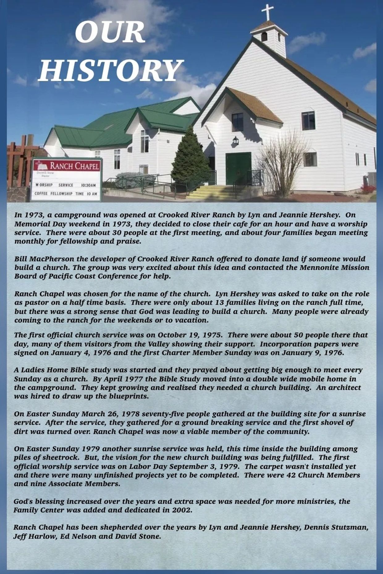 Ranch Chapel's history from 1973 beginnings to community growth and expansion.