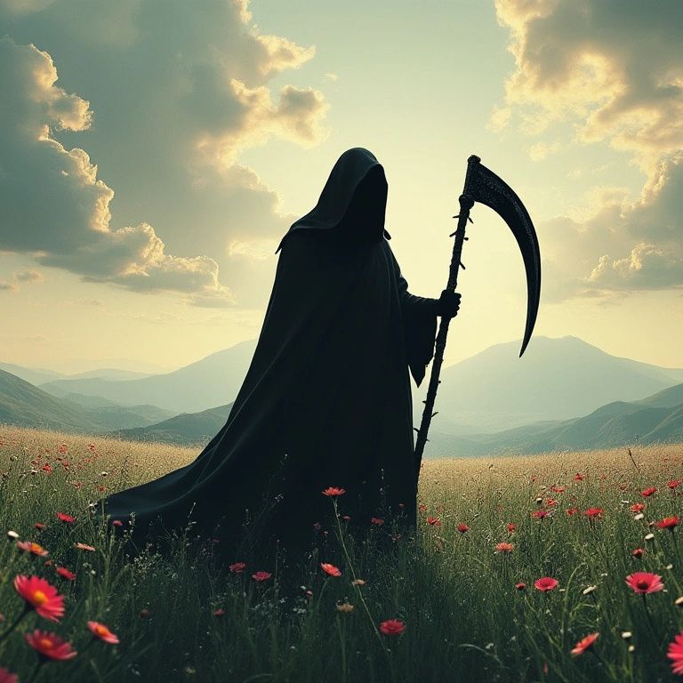 A dark cloaked figure with a scythe stands in a flower-filled field at sunset.