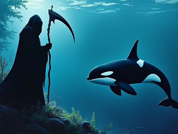 A cloaked Grim Reaper holding a scythe faces an orca underwater.