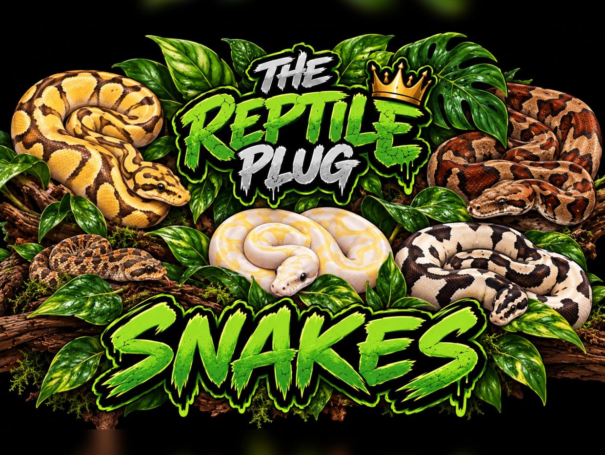 Colorful Ball Python snakes surrounding text 'The Reptile Plug Snakes'. 