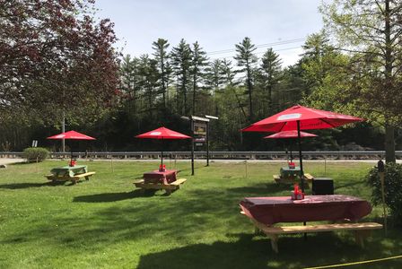 Picnic tables with red umbrellas on green grass.