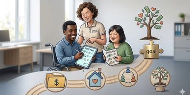 Three people collaborate on a goals and plans document, surrounded by icons symbolizing financial, health, social, and growth goals.