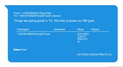 "Things are going great in TX. We may surpass our 8M goal." Lottery.com COO to Ron Farah 4/20/23