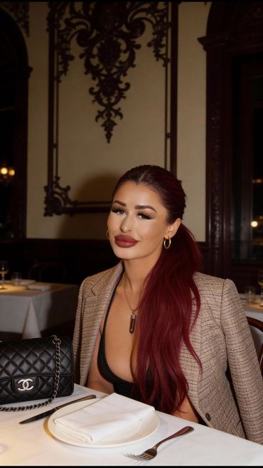 Woman with long red hair in a stylish blazer sits at a restaurant table.