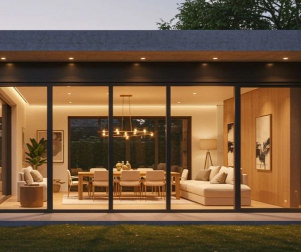 Modern dining and living room with warm lighting and large windows.