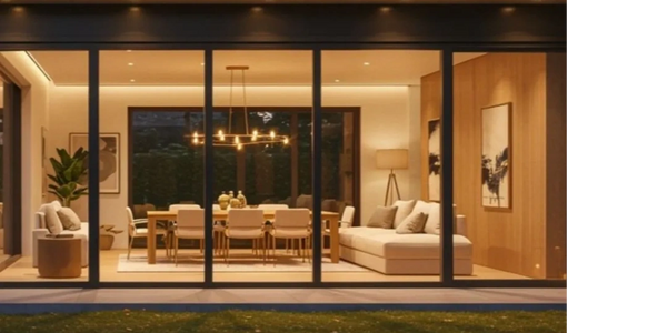 Modern living and dining area with warm lighting and large glass windows.