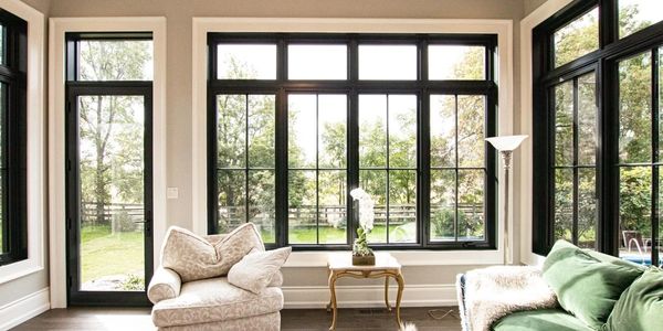 Bright living room with large black-framed windows and cozy furniture.