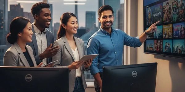 team of 4 people pointing to tc that has apps on the screen