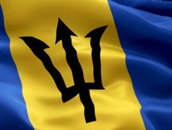 Flag of Barbados with a trident symbol.