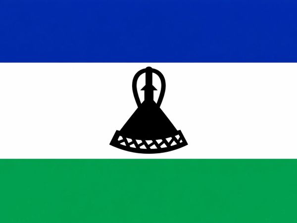 Flag of Lesotho with blue, white, green stripes and a black Basotho hat symbol.