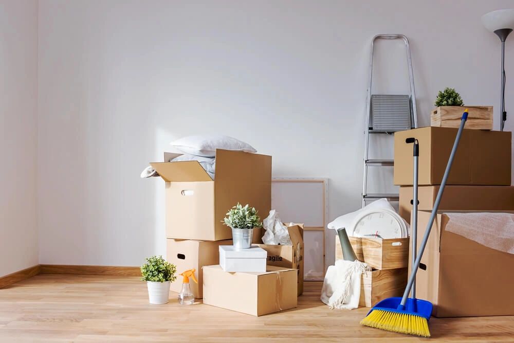 Room full of box containers and stuff for cleaning