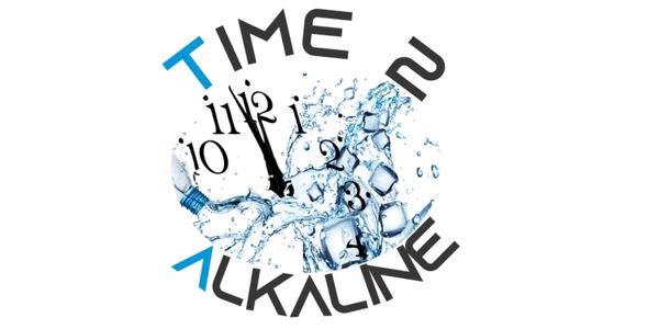 Creative logo blending clock, water splash, and text 'Time Alkaline'.