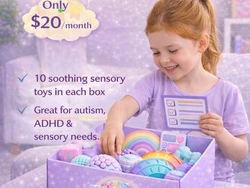 Young girl happily exploring a sensory toy box for $20/month subscription.