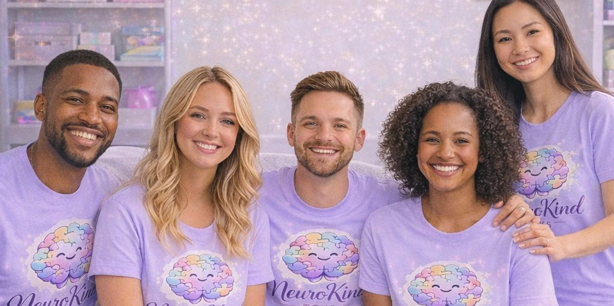 Group of diverse young adults smiling, wearing matching lavender shirts with a colorful brain logo.