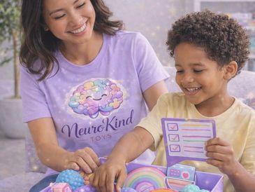 A woman and child happily exploring colorful educational toys together.
