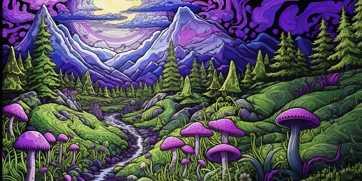 Shrooms fruiting in colorado near mountains, van gogh style.