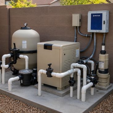 Swimming pool equipment setup with pipes and control box.