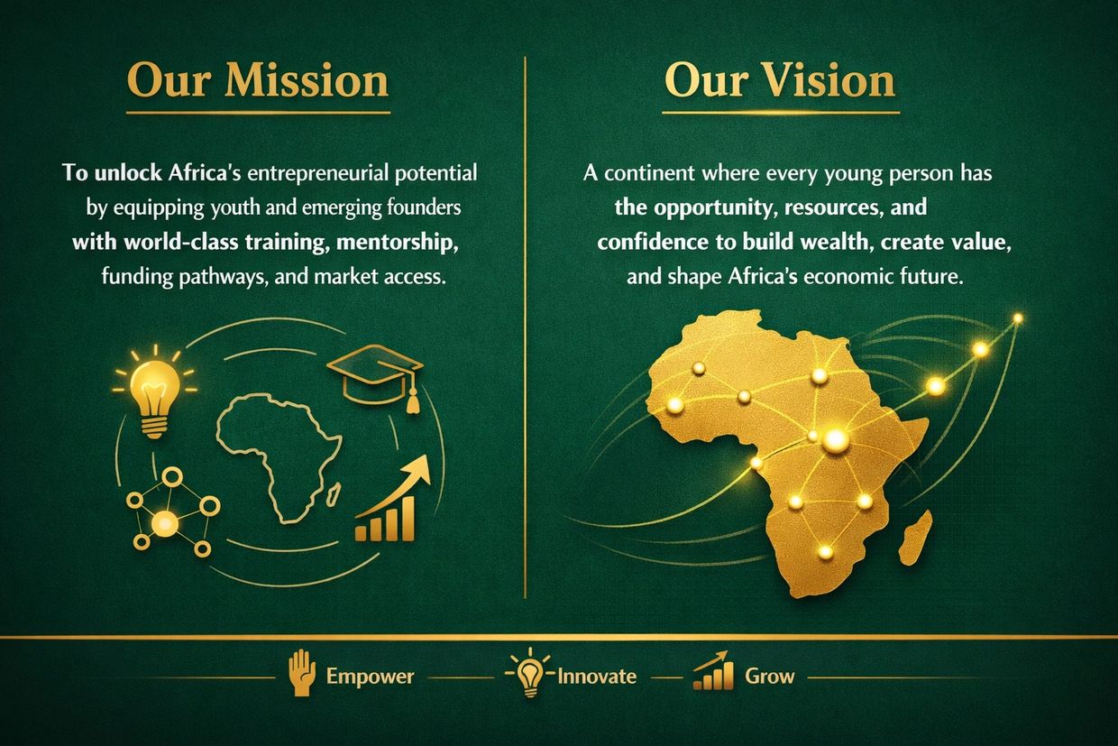 Mission and vision statements focusing on empowering African youth with training and resources for economic growth.