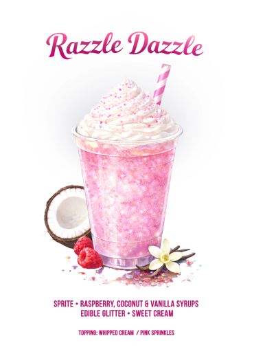 Pink Razzle Dazzle drink with whipped cream and sprinkles.