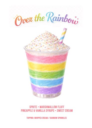 Colorful layered rainbow drink with whipped cream and sprinkles.