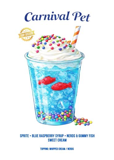Colorful Carnival Pet drink with gummy fish and whipped cream.