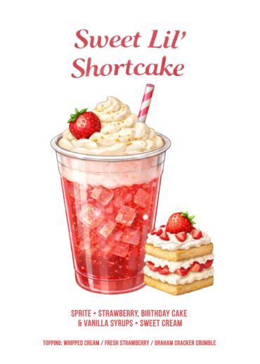 Illustration of a sweet strawberry shortcake drink and dessert with whipped cream topping.