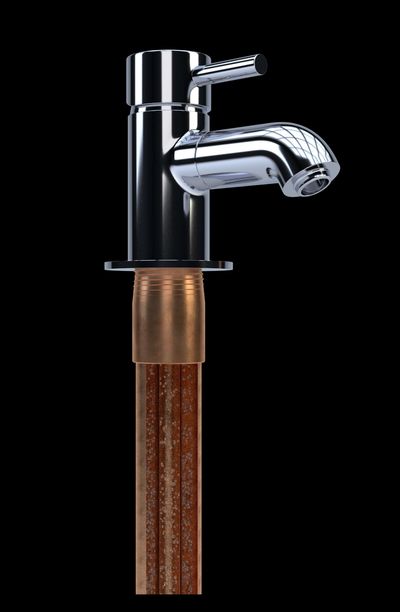 Digital render showing our Eco-Duo pipe within a pipe water system with a faucet at the top. 